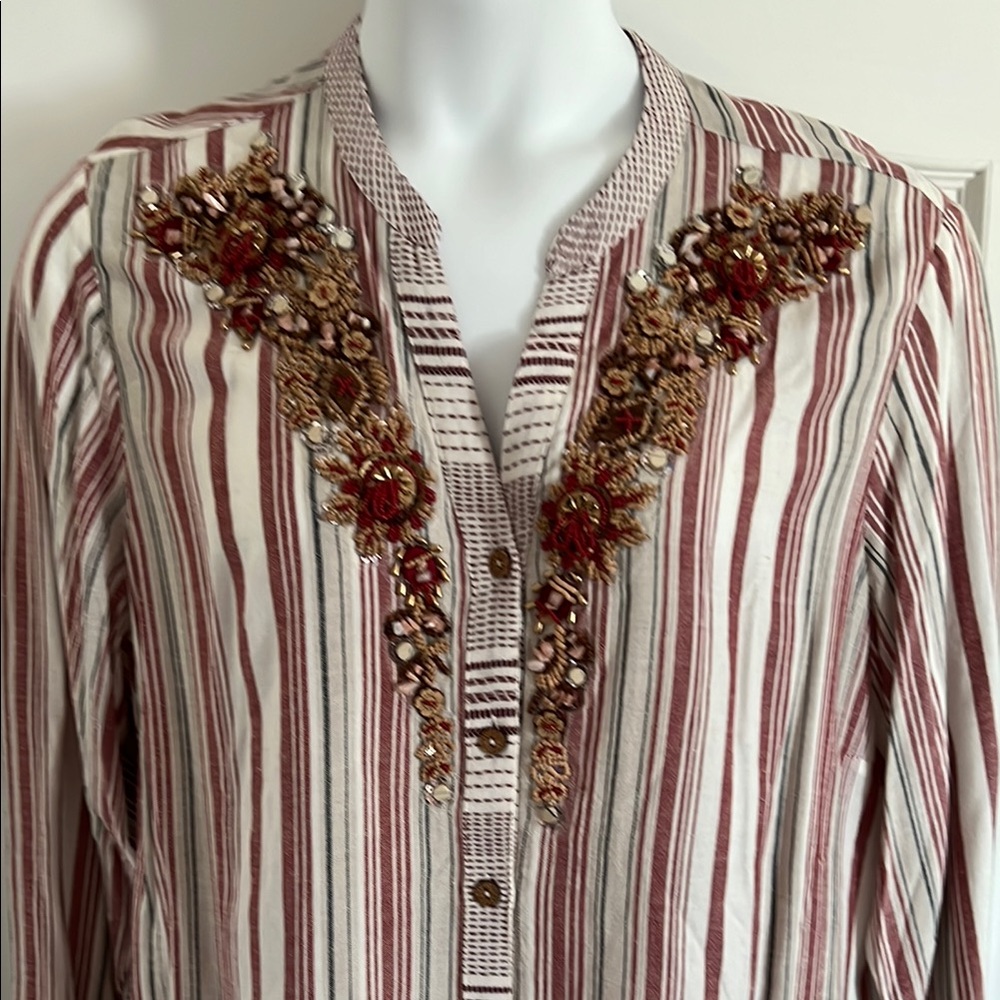 Striped Beaded Button-Up Tunic